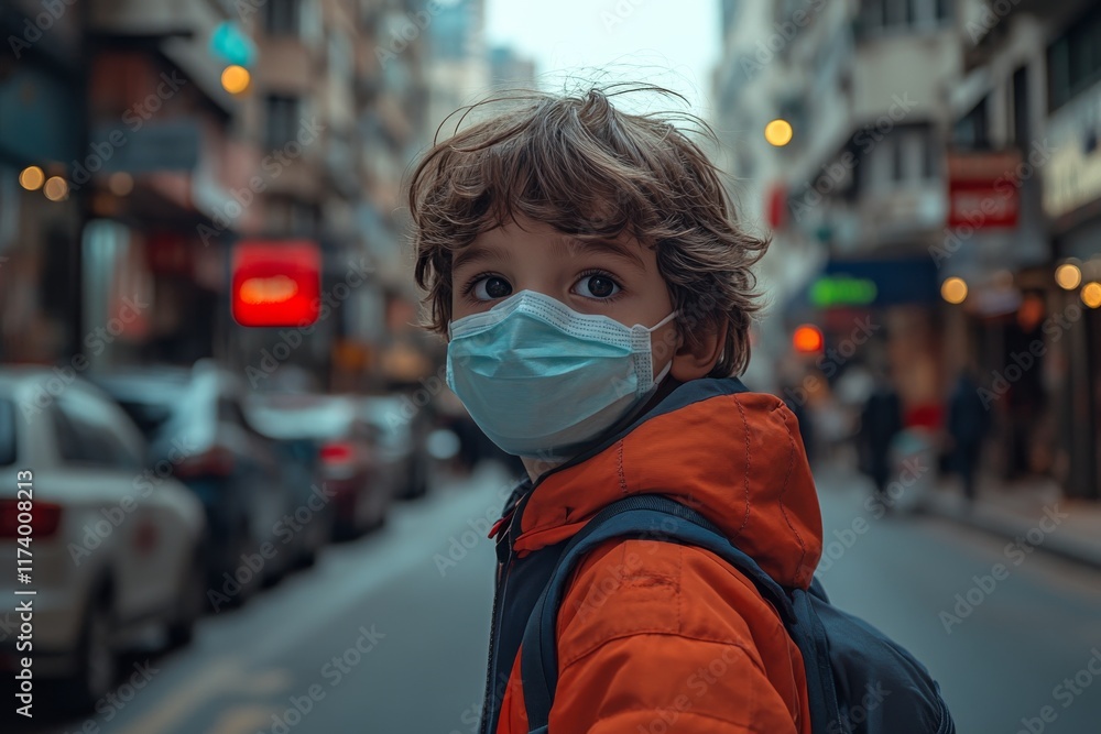 Child wearing mask in a busy street during early evening hours shows the impact of city life on youth Child wearing mask in a busy street during early evening hours shows the impact of city life on youth