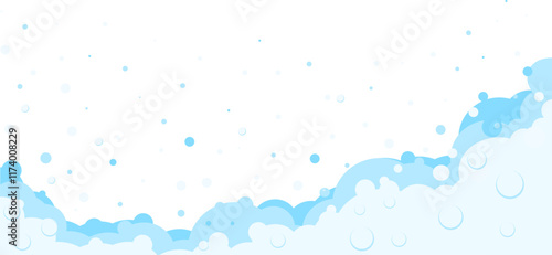 Foam bubbles frame. Cartoon bubbles of shampoo, bubble bath, soap border background. Blue flat bubbles.Cleaning and washing products . Vector illustration