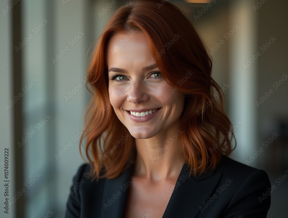 Professional Woman Smiling in Office Environment, Showcasing Confidence and Warmth Professional Woman Smiling in Office Environment, Showcasing Confidence and Warmth