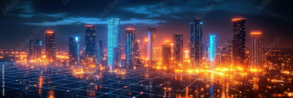 Futuristic Cityscape with Neon Lights and Digital Pathways in a Cyberpunk Urban Environment Futuristic Cityscape with Neon Lights and Digital Pathways in a Cyberpunk Urban Environment