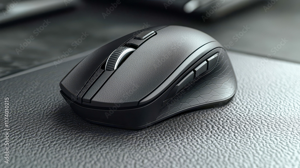 Wireless, black computer mouse on a pad Wireless, black computer mouse on a pad