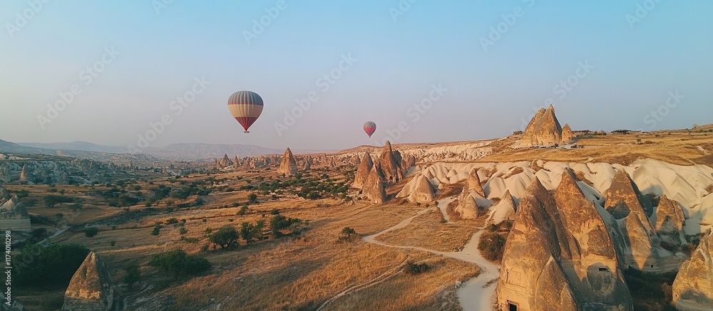 Naklejka premium Hot air balloons over scenic desert landscape, cliffs, sky.