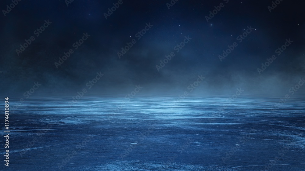 A frozen, icy surface with black ice, set against a winter backdrop, featuring reflections in realistic ice A frozen, icy surface with black ice, set against a winter backdrop, featuring reflections in realistic ice