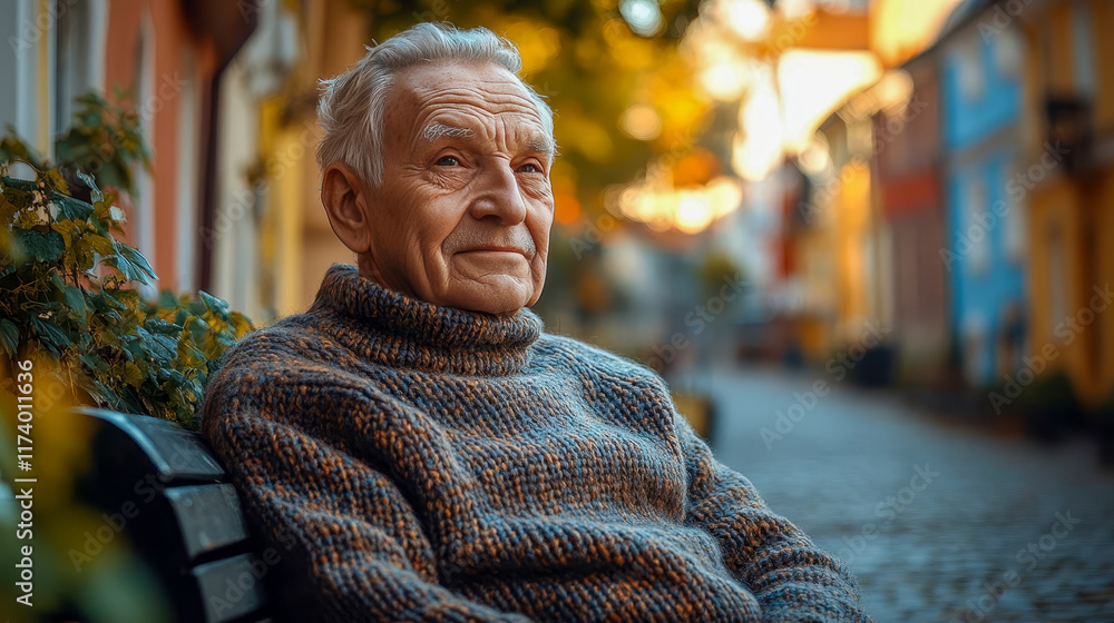 An elderly man in a wool sweater sits on a bench An elderly man in a wool sweater sits on a bench