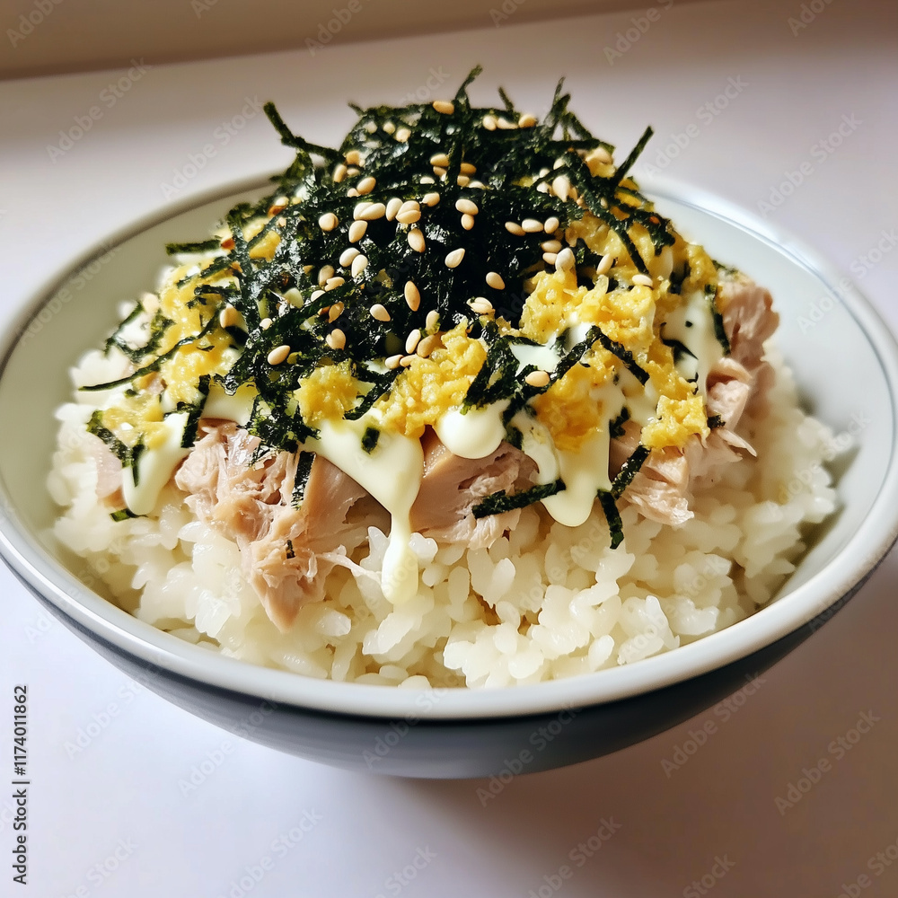 Tuna mayo rice bowl topped with egg seaweed and sesame seeds Tuna mayo rice bowl topped with egg seaweed and sesame seeds
