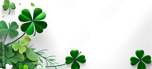 Lush green clovers and leaves elegantly arranged on a clean white background