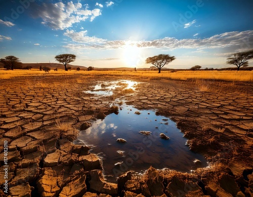 a puddle on a dried out field symbolizing climate change