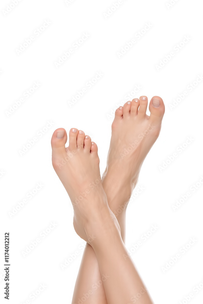 Clean and well-groomed feet with neatly trimmed toenails against a white background Clean and well-groomed feet with neatly trimmed toenails against a white background
