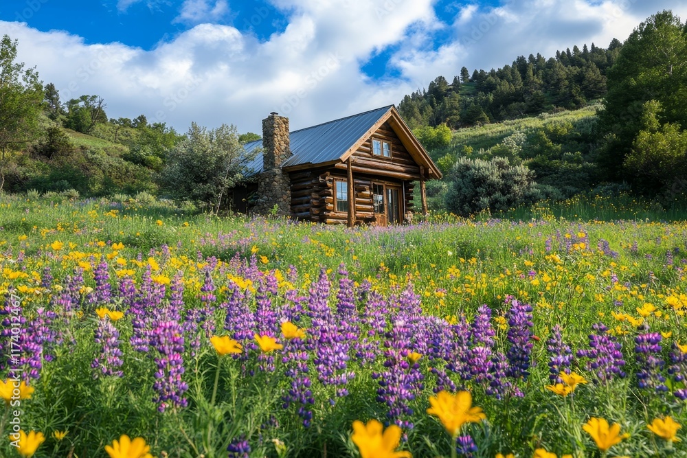 Wooden cabin nestled in vibrant wildflowers, hillside. Wooden cabin nestled in vibrant wildflowers, hillside.