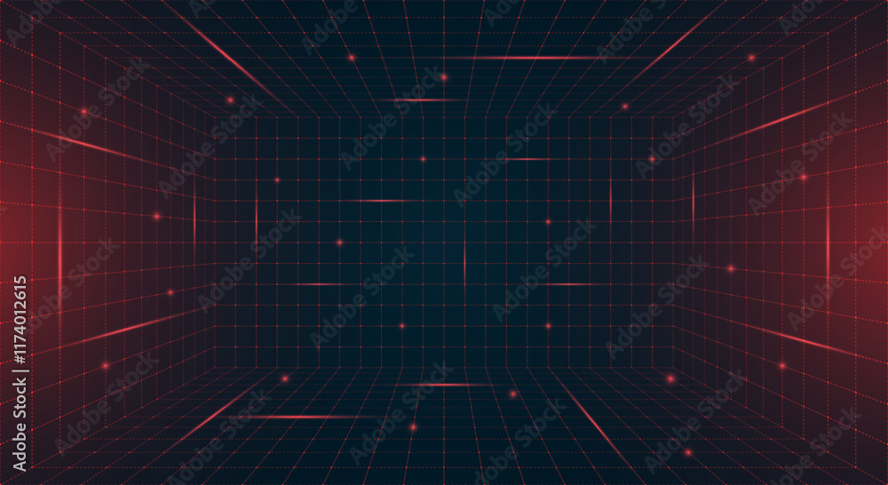 Obraz premium Futuristic HUD grid box featuring abstract wireframe design. Red dotted grid lines on dark blue background. Virtual reality landscape inspired retro 80s 90s digital aesthetic for modern nostalgic look
