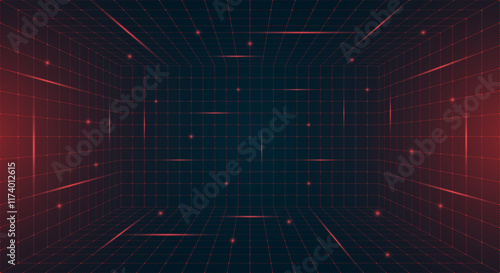 Futuristic HUD grid box featuring abstract wireframe design. Red dotted grid lines on dark blue background. Virtual reality landscape inspired retro 80s 90s digital aesthetic for modern nostalgic look