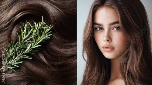 Realistic model with long hair posing for a photo, rosemary next to her hair