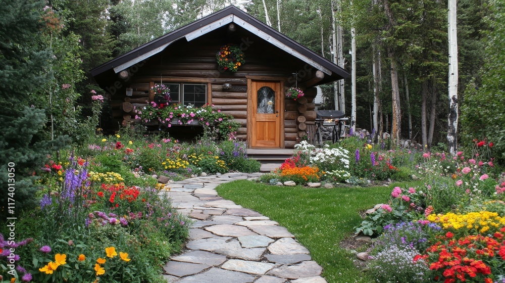 Fototapeta premium Wooden cabin, stone path, vibrant flower garden.