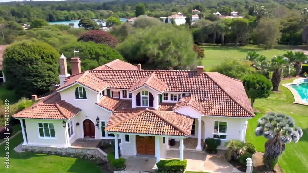 White style house with a red tile roof, surrounded by a sprawling green lawn and a pool in the background. White style house with a red tile roof, surrounded by a sprawling green lawn and a pool in the background.