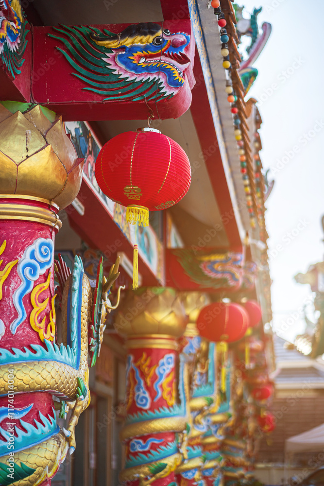 red lantern decoration for Chinese New Year Festival at Chinese shrine Ancient chinese art with the Chinese alphabet Blessings written on it Is a Fortune blessing compliment,Is a public place Thailand