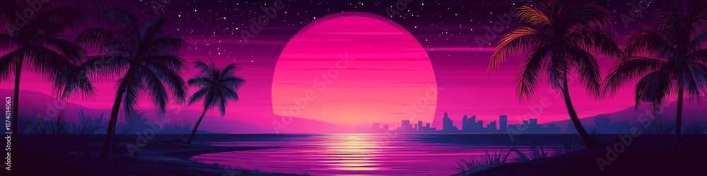 Naklejka premium A beautiful sunset with a large pink sun and palm trees in the background. The sky is filled with stars and the ocean is calm