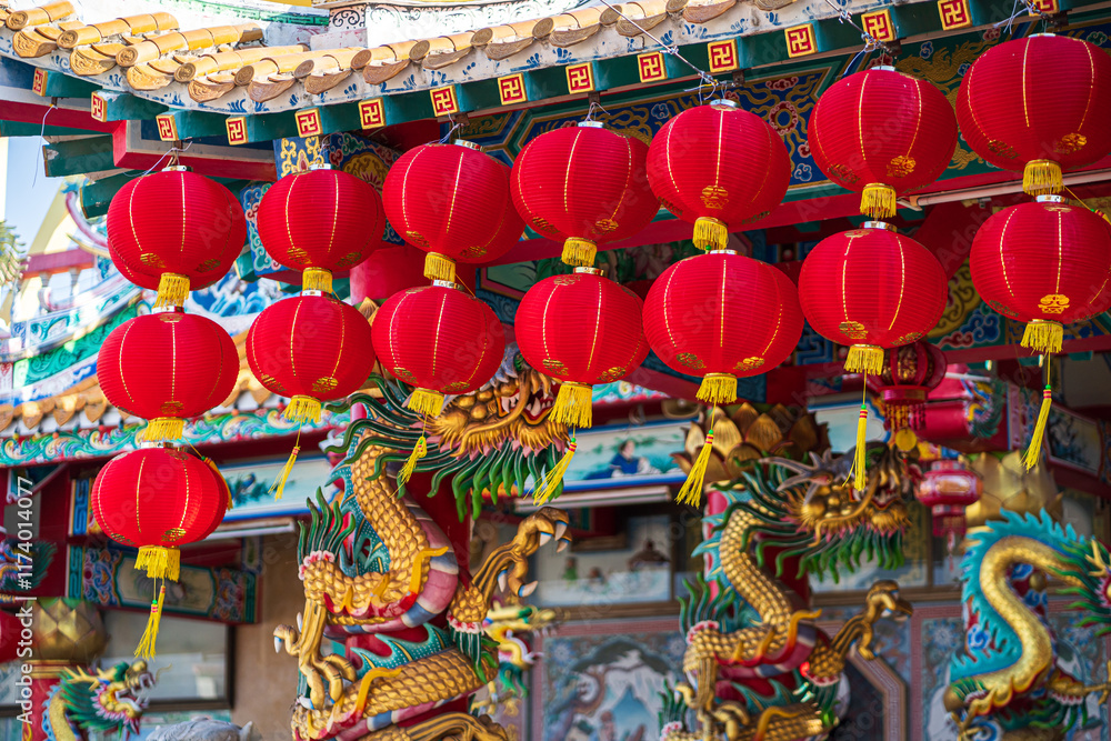 red lantern decoration for Chinese New Year Festival at Chinese shrine Ancient chinese art with the Chinese alphabet Blessings written on it Is a Fortune blessing compliment,Is a public place Thailand