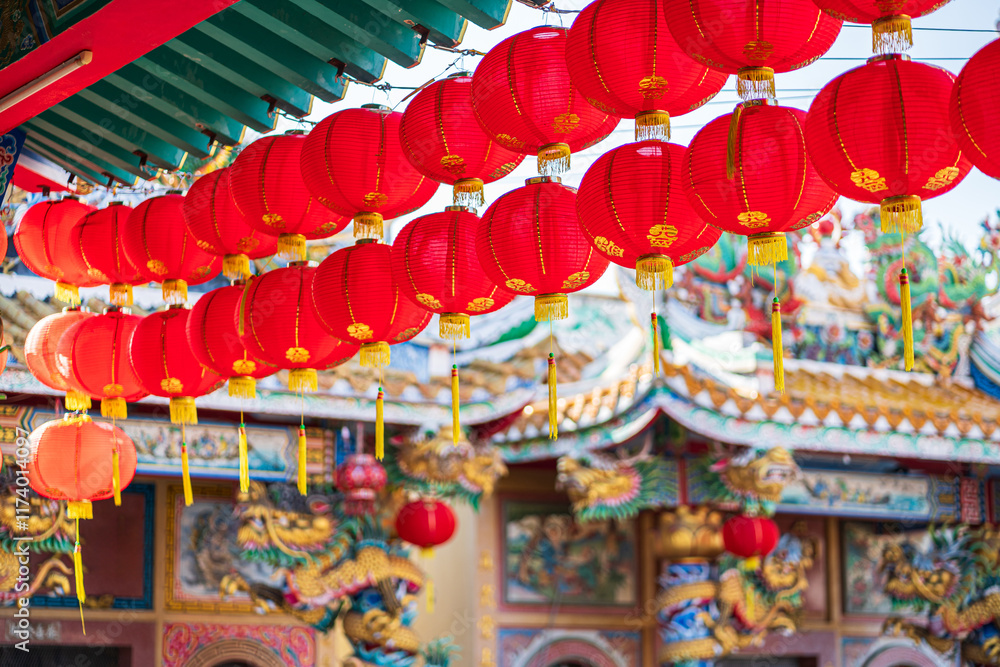 red lantern decoration for Chinese New Year Festival at Chinese shrine Ancient chinese art with the Chinese alphabet Blessings written on it Is a Fortune blessing compliment,Is a public place Thailand