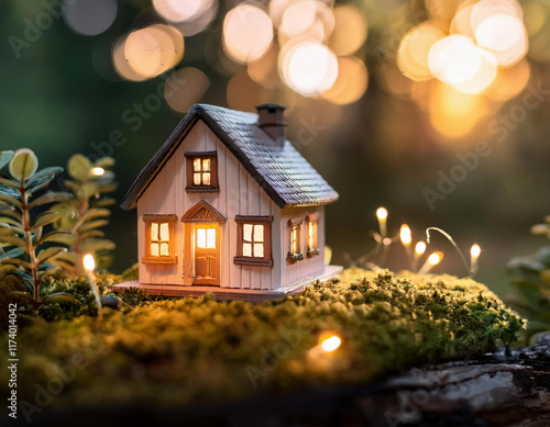 Wallpaper Mural A cozy miniature house with glowing windows sits on mossy ground surrounded by twinkling fairy lights and bokeh effects at dusk. Torontodigital.ca