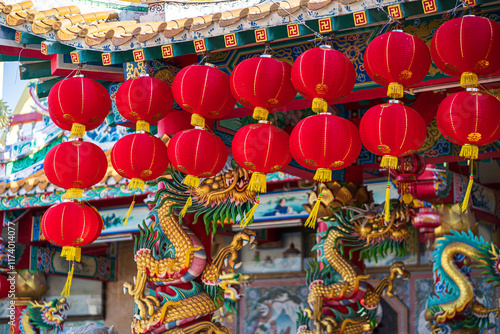 Obraz na płótnie red lantern decoration for Chinese New Year Festival at Chinese shrine Ancient chinese art with the Chinese alphabet Blessings written on it Is a Fortune blessing compliment,Is a public place Thailand w salonie