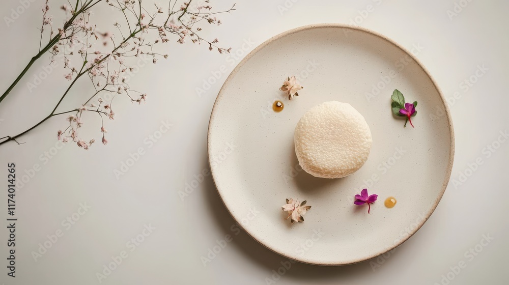 White table with delicate artisanal dish on sleek minimalist plate White table with delicate artisanal dish on sleek minimalist plate