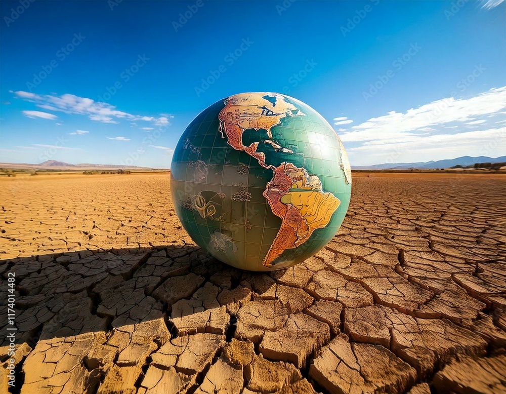 a faded globe lies on a dried up field symbolising climate change