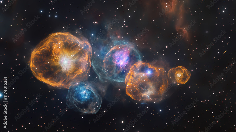 Fototapeta premium A mesmerizing cosmic scene featuring colorful nebulae set against a starry sky, evoking wonder and imagination. Candescent. Illustration