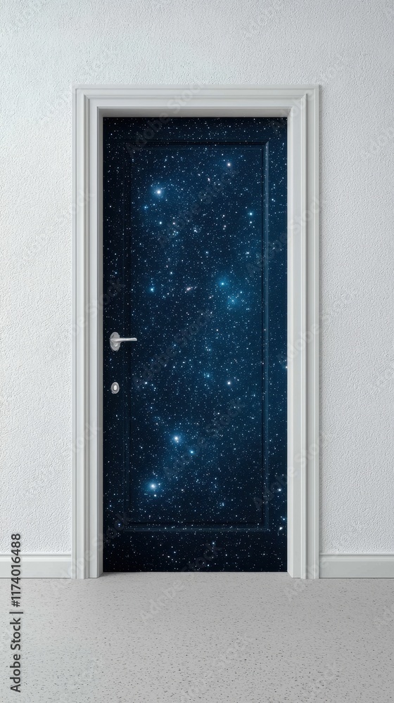 Fototapeta premium A door with a cosmic design, featuring stars and galaxies, set against a simple wall, creating an imaginative and dreamy atmosphere.