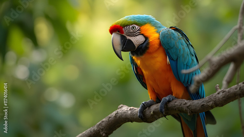 Colorful parrot perched on tree branch. Ultra realistic bird photography. Vibrant parrot art for nature lovers. Stunning tropical wildlife images. photo