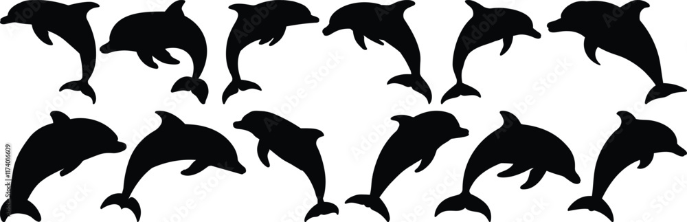 Dolphin silhouettes set, animal pack of vector silhouette design, isolated background Dolphin silhouettes set, animal pack of vector silhouette design, isolated background
