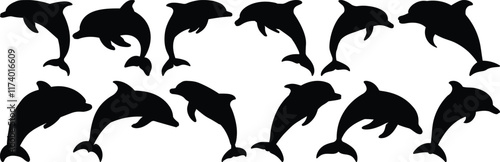 Dolphin silhouettes set, animal pack of vector silhouette design, isolated background