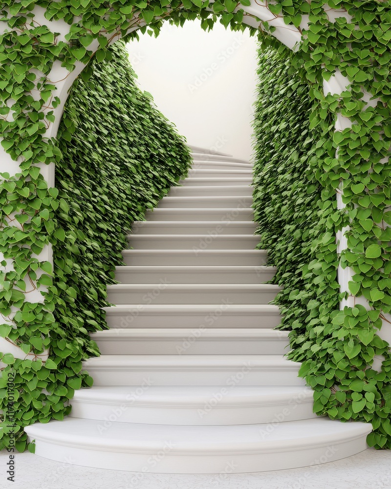 A serene staircase adorned with lush green ivy, leading upward through a bright archway, creating a peaceful and inviting atmosphere. A serene staircase adorned with lush green ivy, leading upward through a bright archway, creating a peaceful and inviting atmosphere.