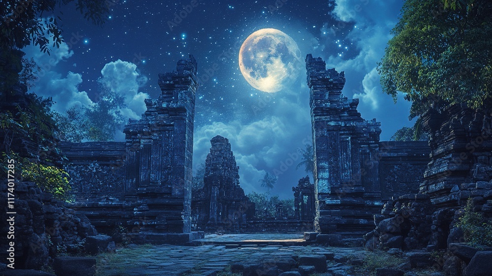 Obraz premium Moonlight illuminates old ruins at night.