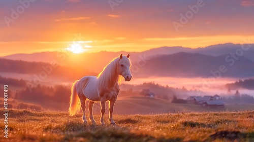 Majestic white horse silhouetted against a vibrant sunrise over rolling hills and mist-shrouded valley. photo