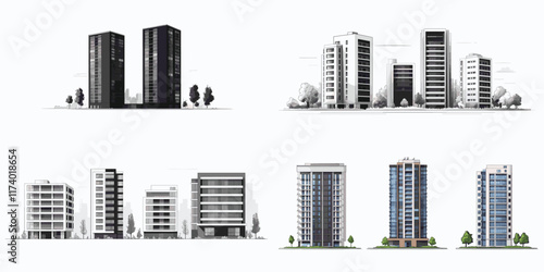  residential building illustrations in minimalistic and modern architectural styles for real estate presentations
