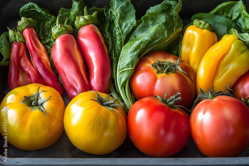 Freshly harvested farmers vegetables showcasing a vibrant array of red and yellow tomatoes, sweet peppers, and leafy greens, highlighting the bountiful produce of local farms Freshly harvested farmers vegetables showcasing a vibrant array of red and yellow tomatoes, sweet peppers, and leafy greens, highlighting the bountiful produce of local farms