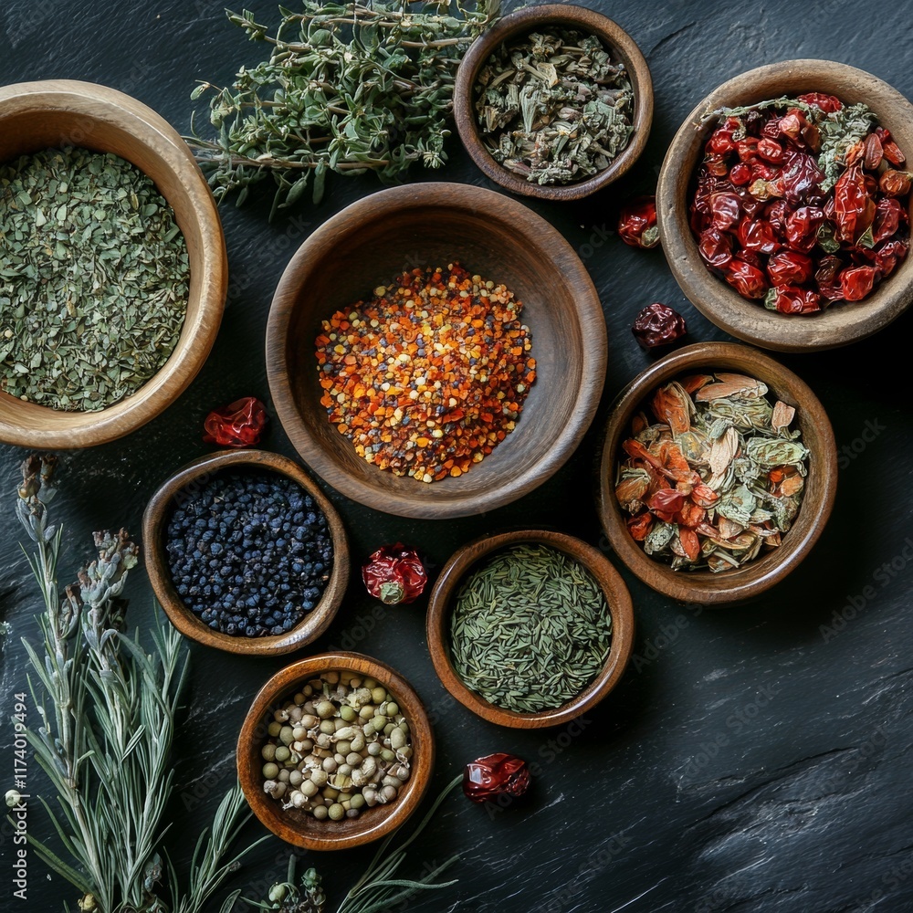 Assortment of Dried Herbs and Spices in Wooden Bowls