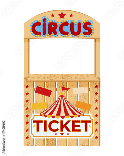 Vintage wooden circus ticket booth with marquee lights, red striped tent, and decorative ticket sign. Selling tickets for the upcoming circus show. Flat vector illustration for event design and print.