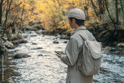 River and Water Quality Survey by Male Civil Engineer in Workwear by a Shimmering River Surrounded by Nature photo