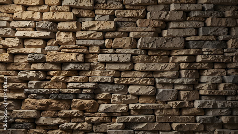 Fototapeta premium Stacked beige stone wall with natural rough texture