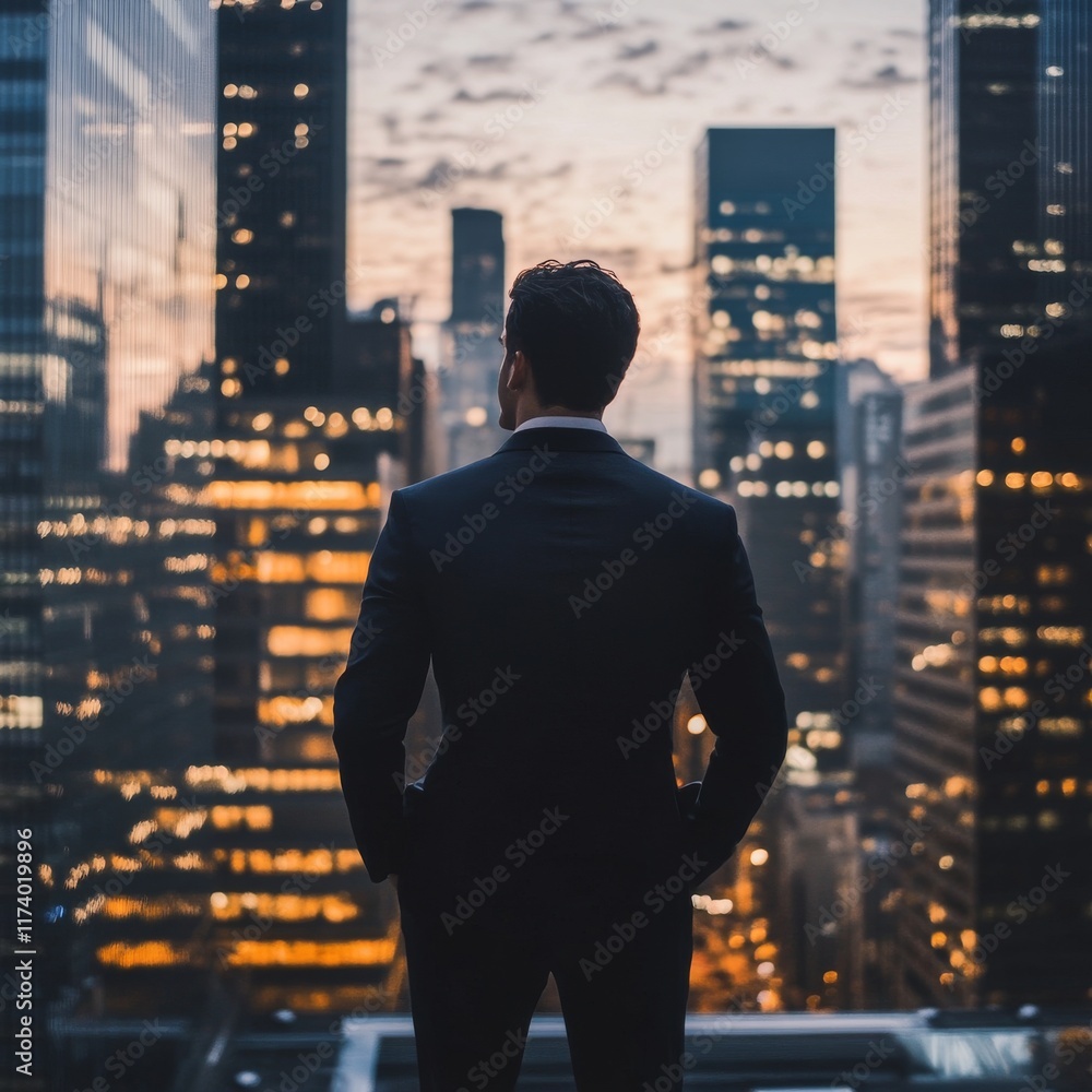 Businessman Contemplating Cityscape at Dusk Businessman Contemplating Cityscape at Dusk