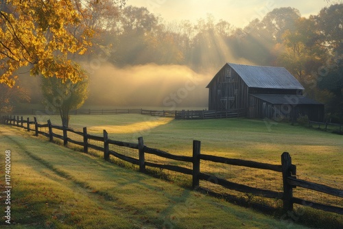 Idyllic countryside farm with a barn at sunrise photo