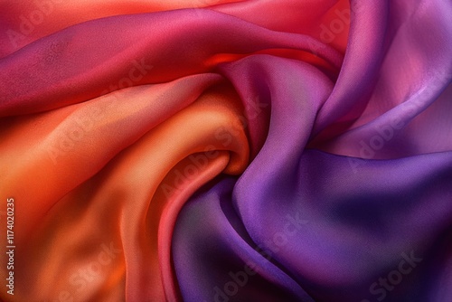 Closeup of vibrant silky fabric with purple and orange folds photo