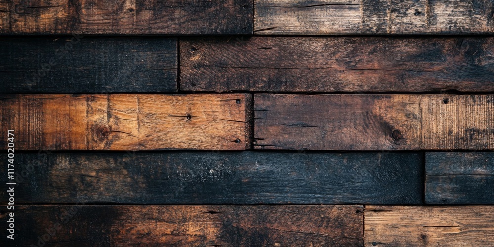 Fototapeta premium Wooden planks arranged in a rustic pattern with weathered texture