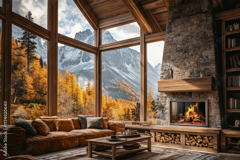 Fototapeta premium Cozy cabin, autumn mountain view, fireplace.