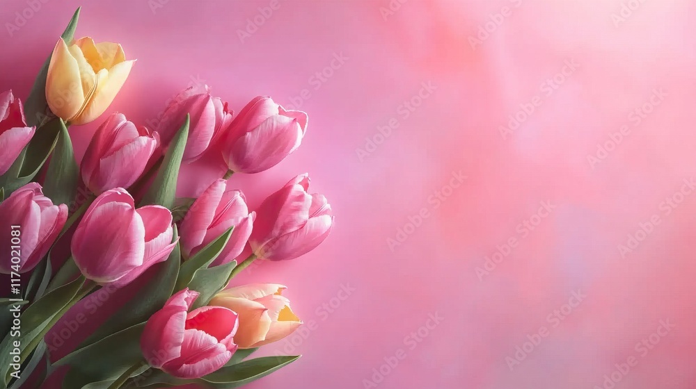 Obraz premium Pink and yellow tulips on soft pink background symbolizing international women's day march 8 and mother's day celebration