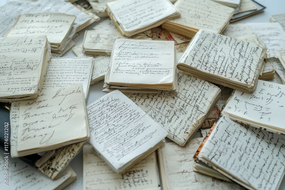 Obraz premium Aged, handwritten journals, densely filled.