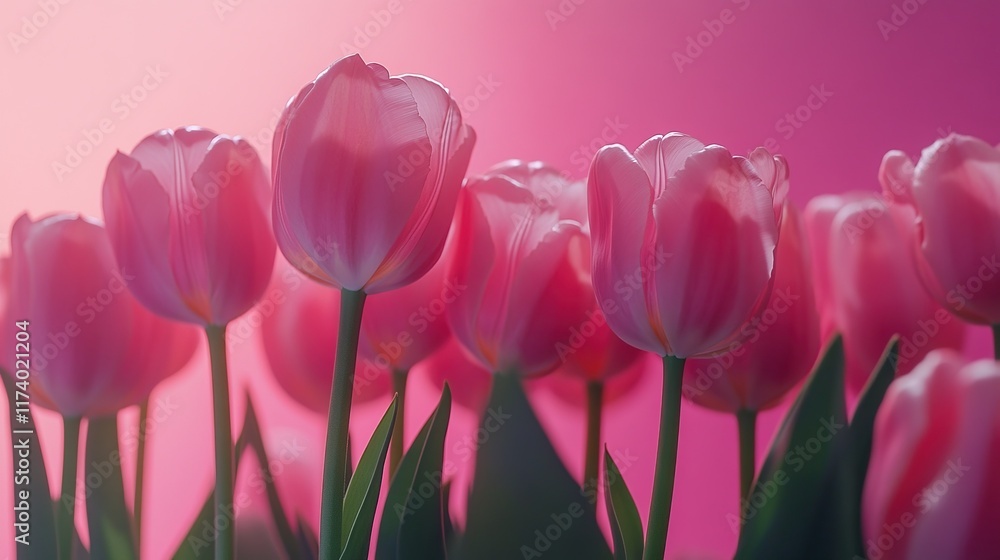 Fototapeta premium Delicate pink tulips against soft light background for international women's day march 8 and mother's day celebration of beauty and love.