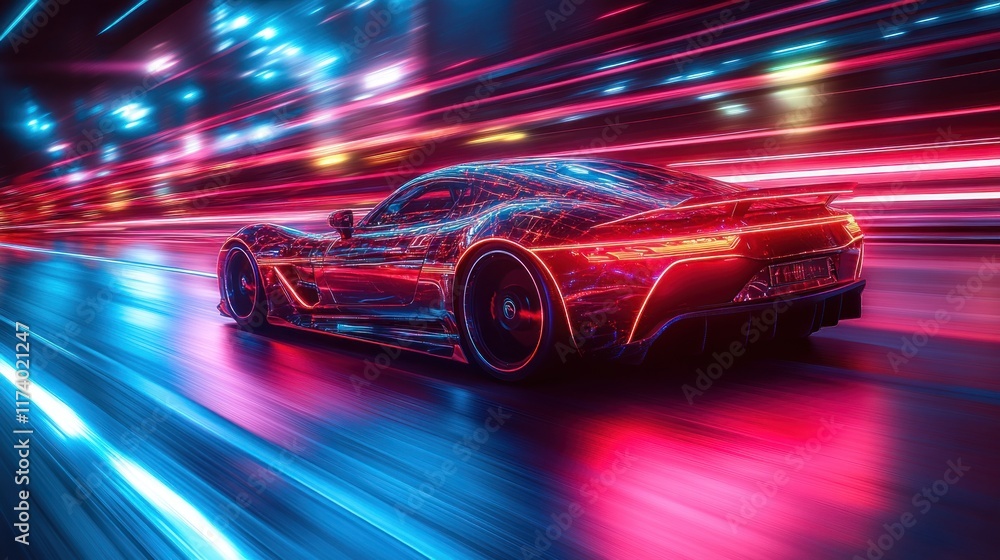 Futuristic Autonomous Vehicle in Neon-Lit Urban Cityscape Transport Technology Futuristic Autonomous Vehicle in Neon-Lit Urban Cityscape Transport Technology