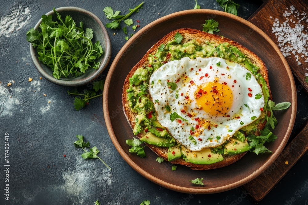 Plate of gourmet avocado toast with fried egg and herbs Plate of gourmet avocado toast with fried egg and herbs